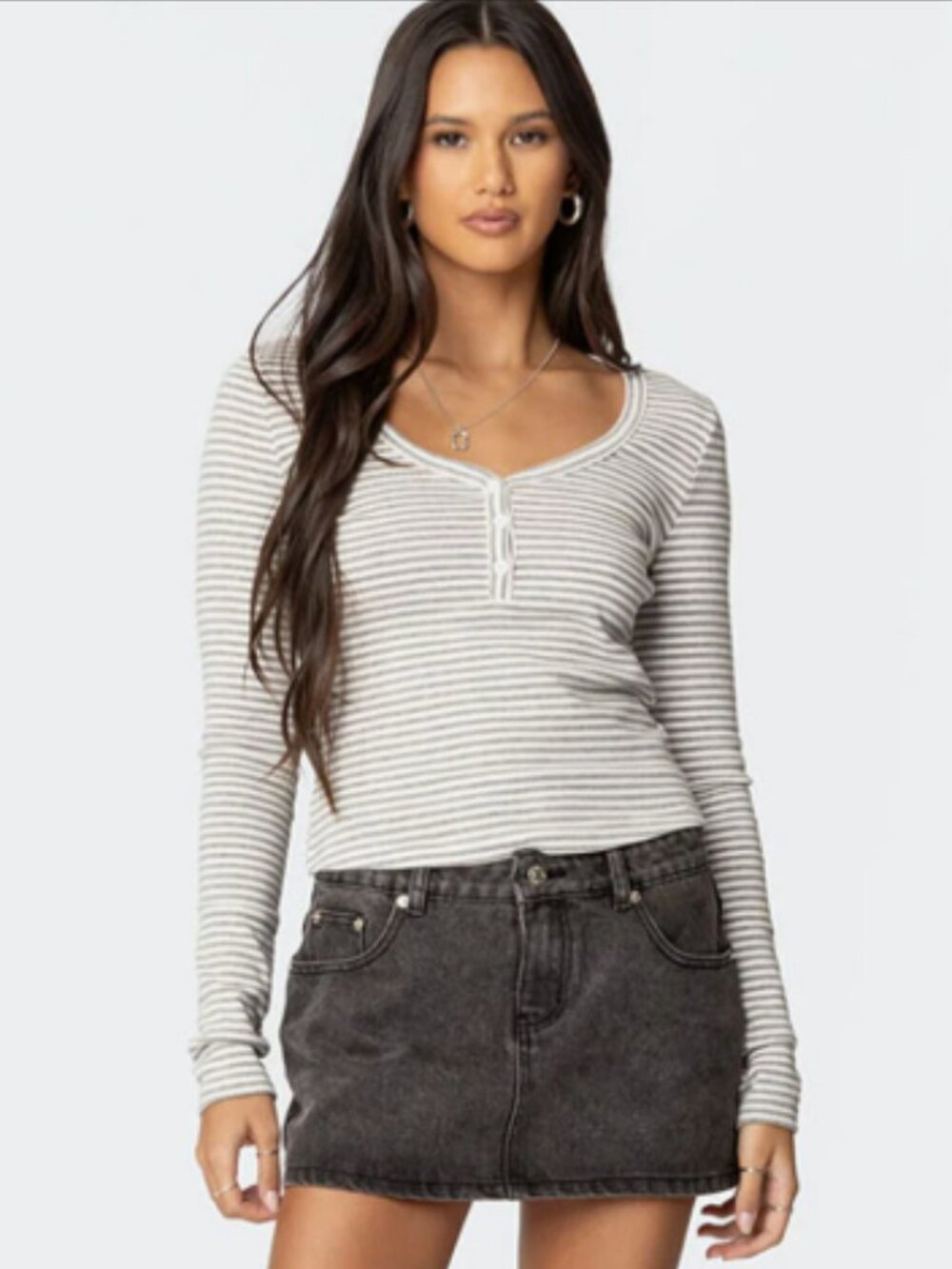 Edikted Jocelyn Striped Top- Light Grey